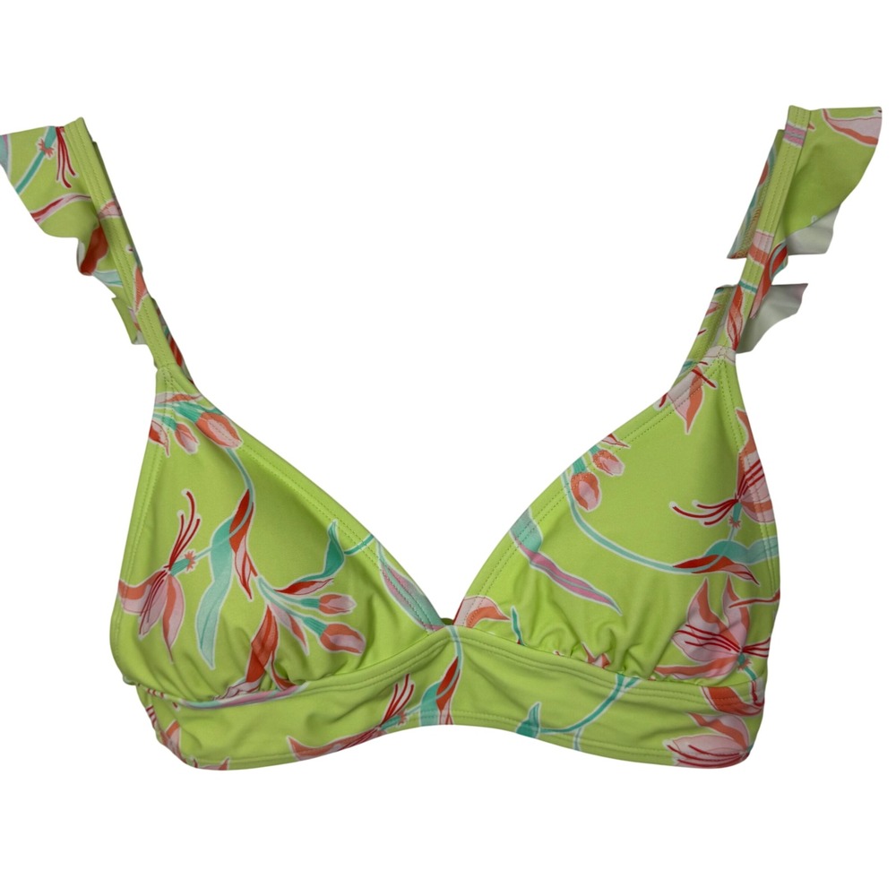 NINETY-NINE Women M Ruffle Bralette‎ Bikini Top Lime Green Floral Print Swimwear